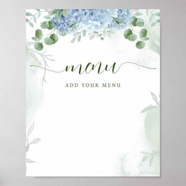 Greenery Blue Hydrangea Menu Baby Dusche Poster (Vorne)