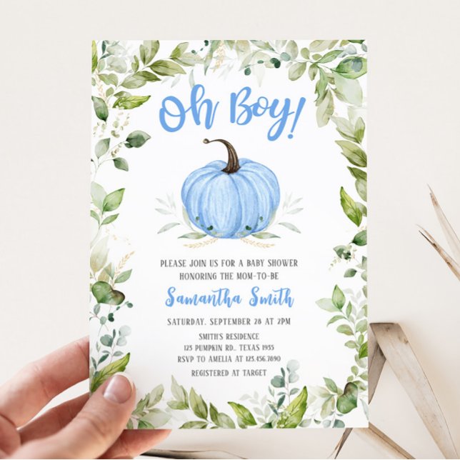 Greenery Blue Pumpkin Baby Shower Einladung (Oh Boy Pumpkin Baby Shower Invitation)