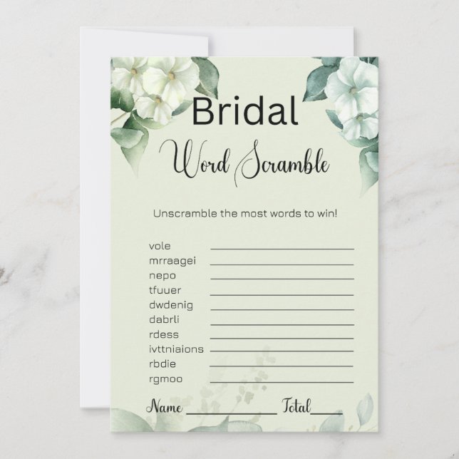 Greenery & Blume Bridal Green Word Scramble Game Einladung (Vorderseite)