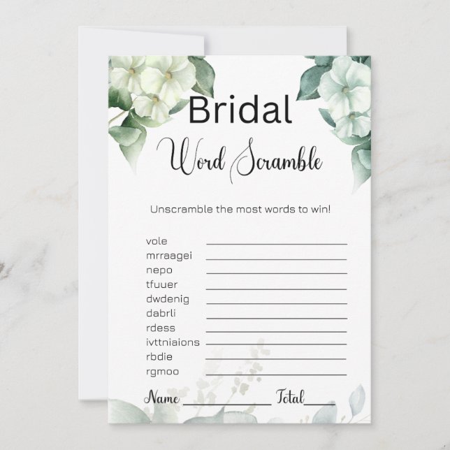 Greenery & Blume Bridal White Word Scramble Game Einladung (Vorderseite)