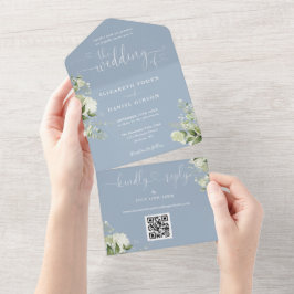 Greenery Blumenschrift Dusty Blue QR Code Wedding All In One Einladung
