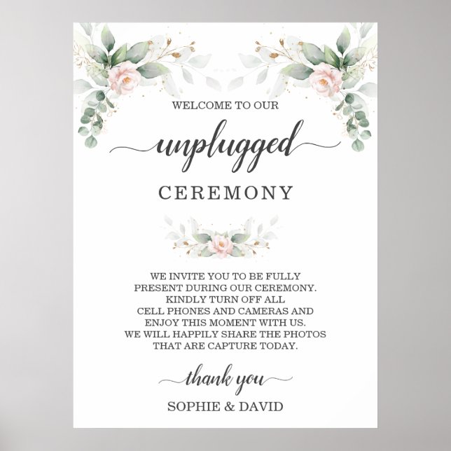 Greenery Blush Floral Gold Unplugged Zeremony Sign Poster (Vorne)