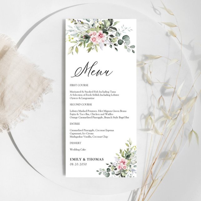 Greenery Blush Pink Wedding Menu Menükarte (Von Creator hochgeladen)