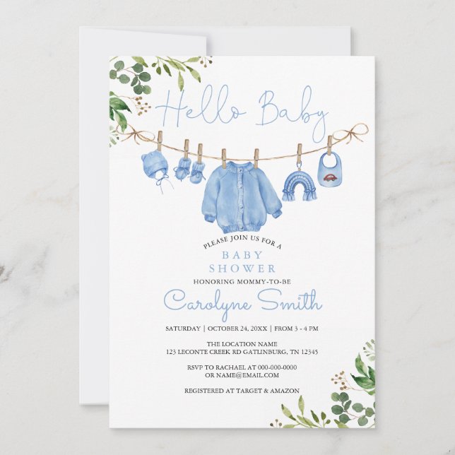 Greenery Boho Clothes Boy Baby Shower Einladung (Vorderseite)