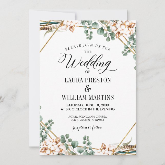 Greenery Boho Eucalyptus Glitzer Frame Wedding Einladung (Vorderseite)