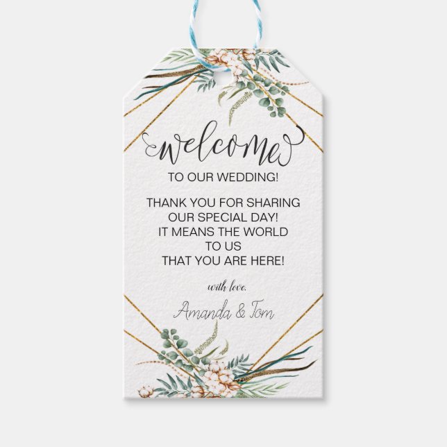 Greenery Boho Glitzer Frame Script Wedding Willkom Geschenkanhänger (Vorderseite)