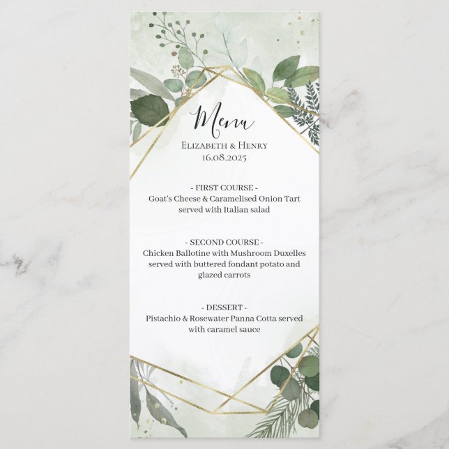 Greenery boho gold geometric watercolour wedding menükarte (Vorderseite)