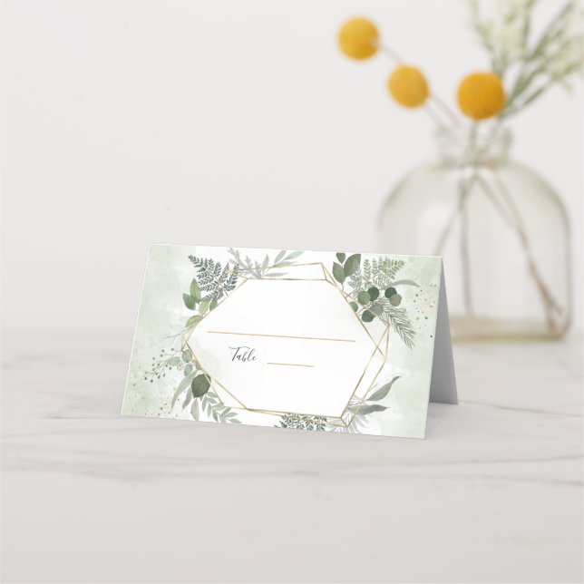 Greenery boho gold geometric watercolour wedding platzkarte (Vorderseite)