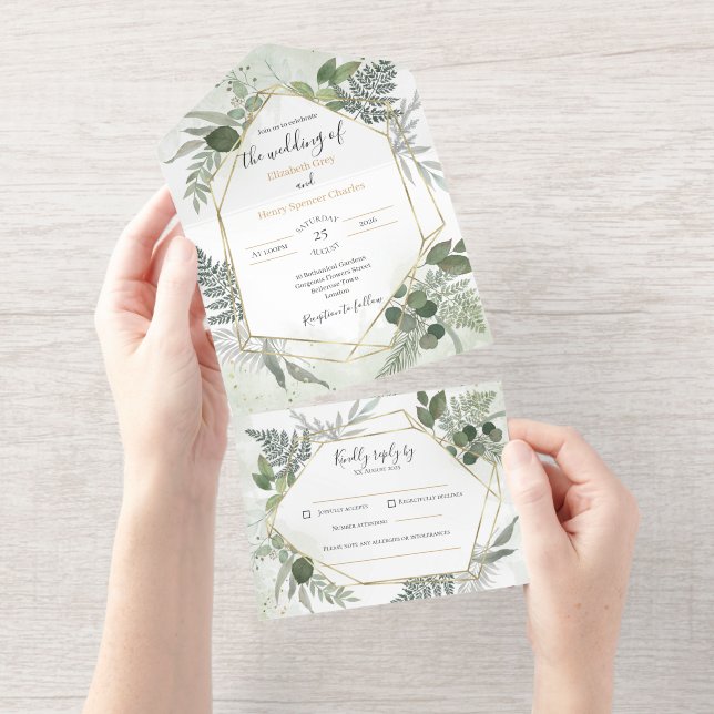 Greenery boho gold watercolour geometric wedding All-in-One-Einladung (Abreißstreifen)