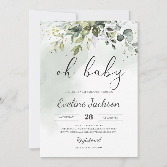 Greenery Boho Oh Baby Dusche Einladung Eucalyptus (Vorderseite)