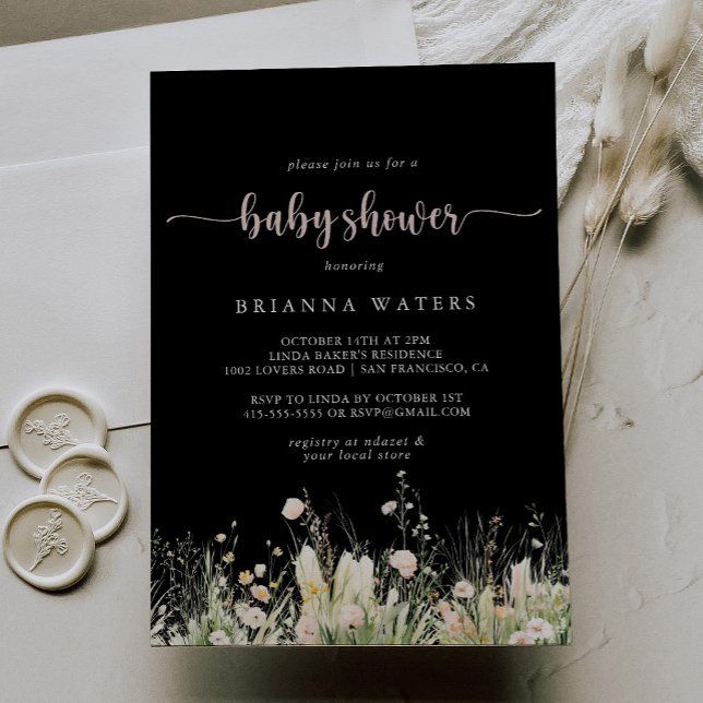 Greenery Boho Wildblume Black Baby Shower Einladung (Von Creator hochgeladen)