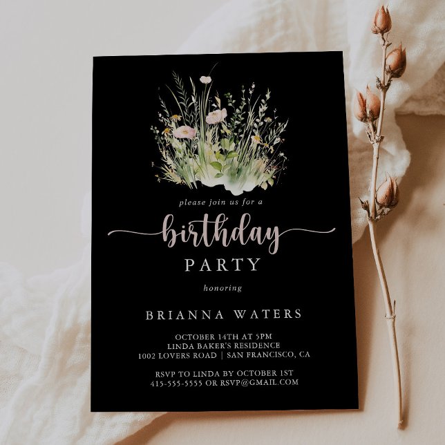 Greenery Boho Wildblume Black Birthday Party Einladung (Von Creator hochgeladen)