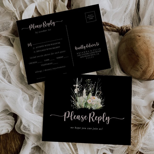Greenery Boho Wildblume Black Menu UAWG Postkarte (Von Creator hochgeladen)