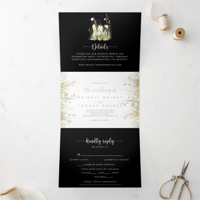 Greenery Boho Wildblume Black The Wedding of the Dreifach Gefaltete Einladung (Innenseite)