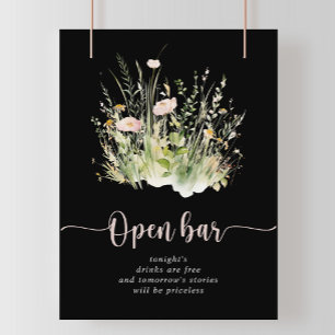 Greenery Boho Wildblume Black Wedding Open Bar Poster