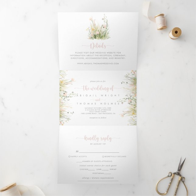 Greenery Boho Wildblume Die Hochzeit von Dreifach Gefaltete Einladung (Innenseite)