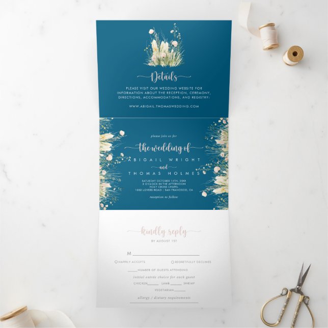 Greenery Boho Wildblume Navy Blue The Wedding of t Dreifach Gefaltete Einladung (Innenseite)