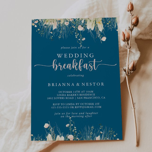 Greenery Boho Wildblume Navy Hochzeitsfrühstück Einladung (Von Creator hochgeladen)