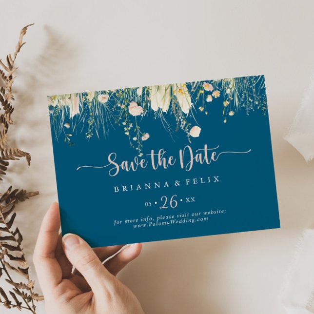Greenery Boho Wildblume Navy Horizontal Wedding Save The Date (Von Creator hochgeladen)