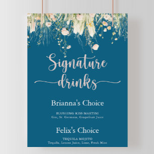 Greenery Boho Wildblume Navy Signature Drinks Poster
