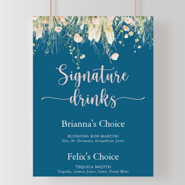 Greenery Boho Wildblume Navy Signature Drinks Poster (Von Creator hochgeladen)