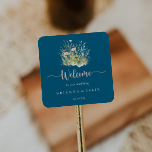 Greenery Boho Wildblume Navy Wedding Willkommen Quadratischer Aufkleber