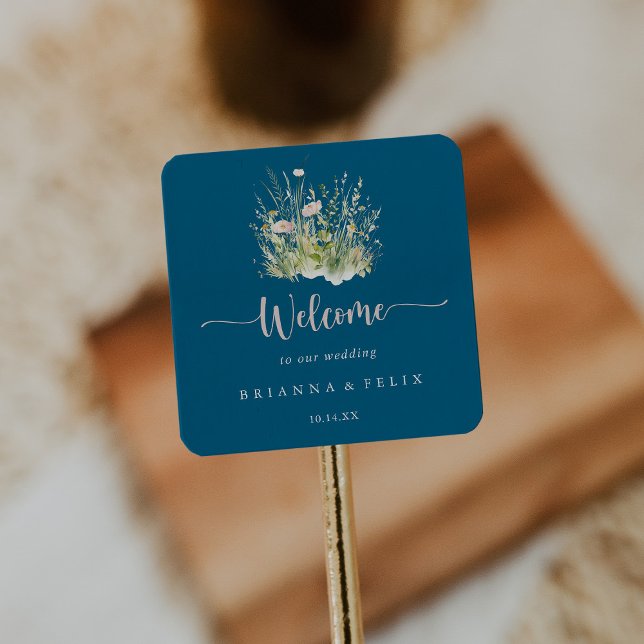 Greenery Boho Wildblume Navy Wedding Willkommen Quadratischer Aufkleber (Von Creator hochgeladen)