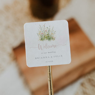 Greenery Boho Wildblume Wedding Willkommen Quadratischer Aufkleber