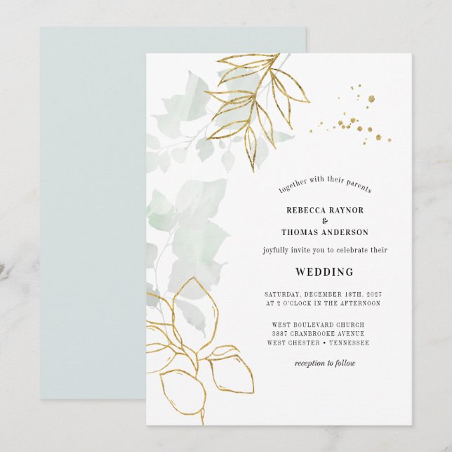 Greenery Botanical Gold Leaf Wedding Einladung (Vorne/Hinten)