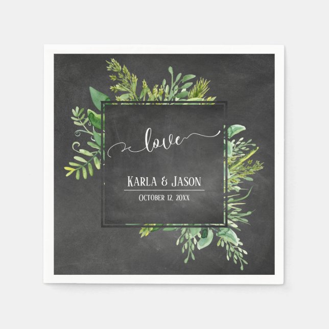 Greenery Bouquet Liebe Typografie Chalkboard Serviette (Vorderseite)