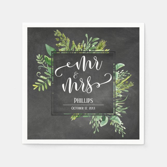 Greenery Bouquet Mr & Mrs Typografy Chalkboard Serviette (Vorderseite)