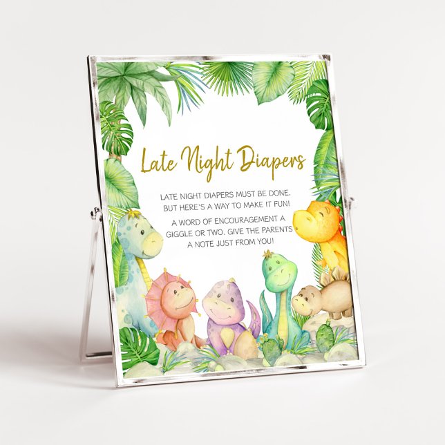 Greenery Boy Dinosaur Baby Spate Night Diapers Poster (Rawr! It's a Boy Dino Baby Shower Late Night Diapers Sign)
