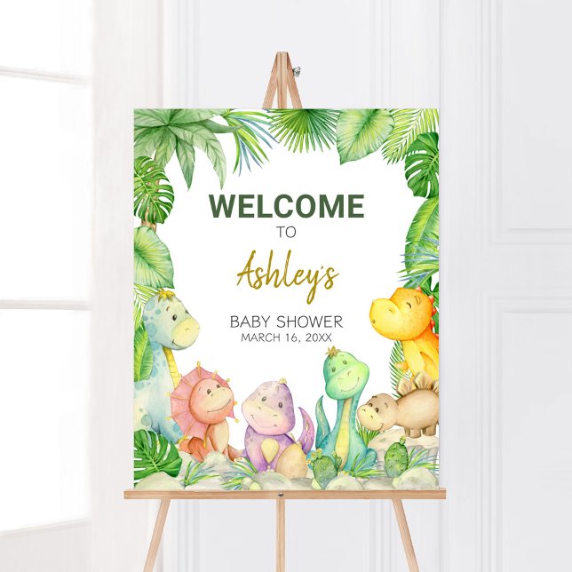 Greenery Boy Dinosaur Babydusche Willkommen Poster (Rawr! It's a Boy Dino Baby Shower Welcome Sign)