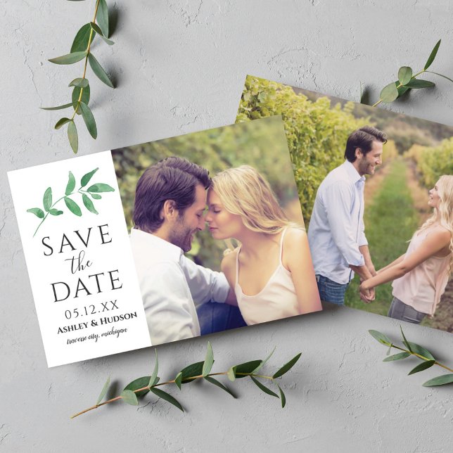 Greenery Branch Wedding Foto White Save The Date (Von Creator hochgeladen)