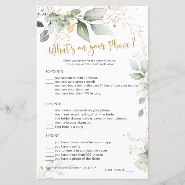 Greenery Bridal Game Was ist auf deinem Handy? (Vorderseite)