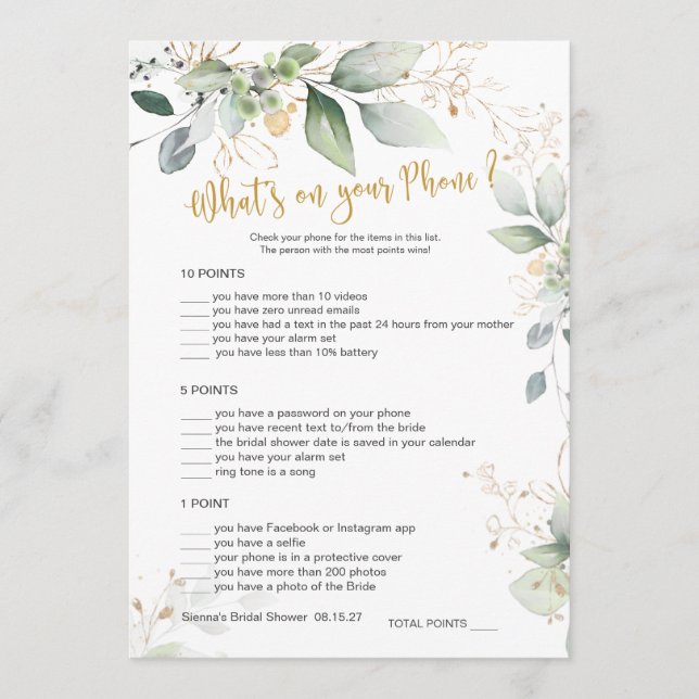 Greenery Bridal Game Was ist auf Ihrer Telefonkart Hinweiskarte (Vorderseite)