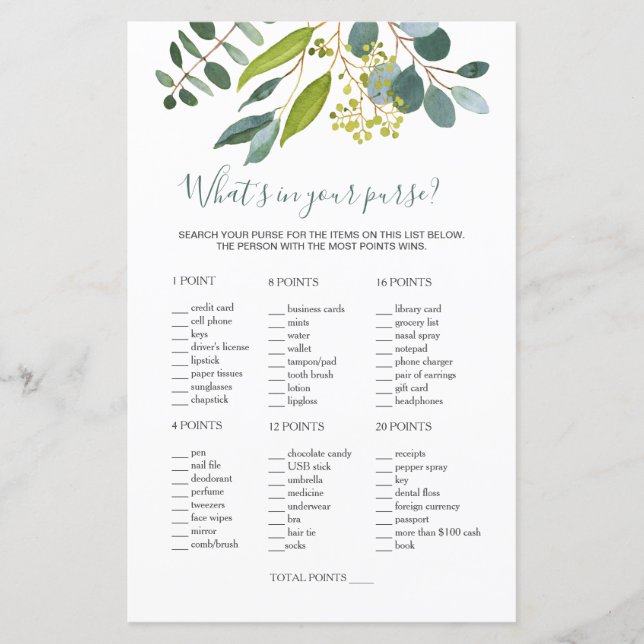 Greenery Bridal Purse Game/Wedding Scramble (Vorderseite)