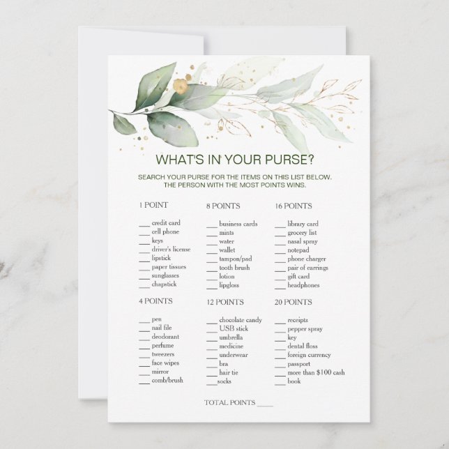 Greenery Bridal Purse Game/Wedding Scramble Einladung (Vorderseite)