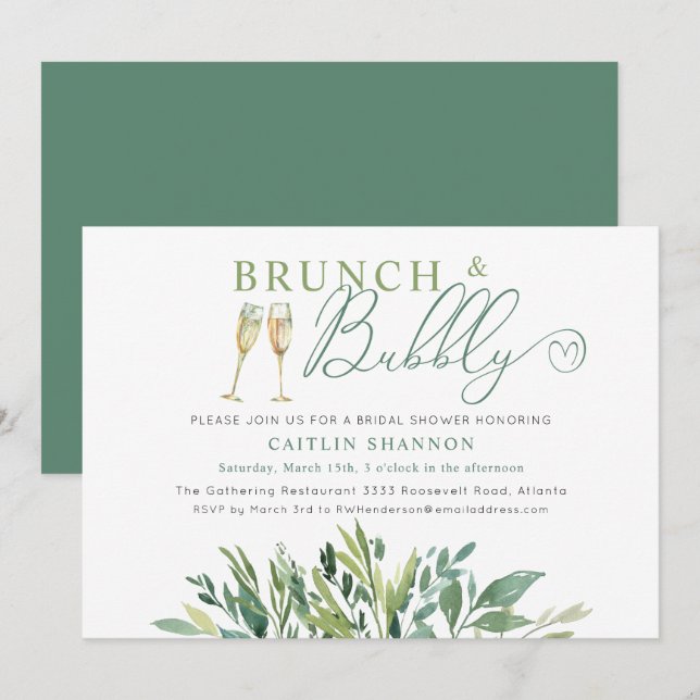 Greenery Brunch und Bubbly Brautparty Einladung (Vorne/Hinten)