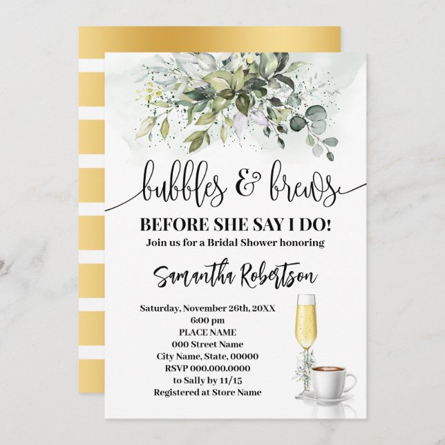 Greenery Bubbles & Brews Brautparty Einladung (Vorne/Hinten)