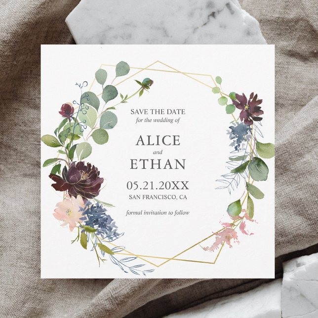 Greenery Burgundy Navy Blumen Hochzeit Save The Date (Von Creator hochgeladen)