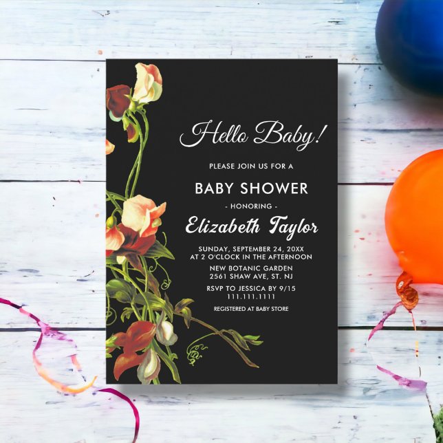 Greenery Burgundy Rose Black Floral Baby Shower Einladung (Von Creator hochgeladen)