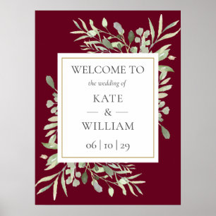 Greenery Burgundy Wedding Willkommenszeichen Poster