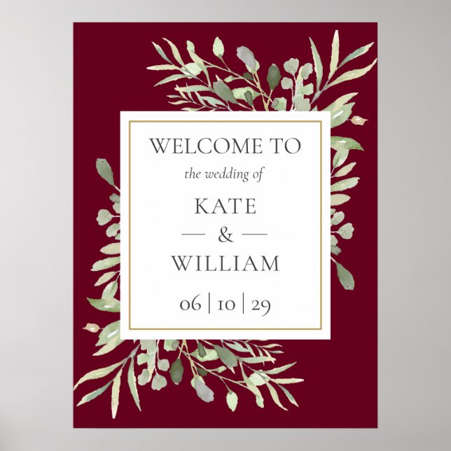 Greenery Burgundy Wedding Willkommenszeichen Poster (Vorne)