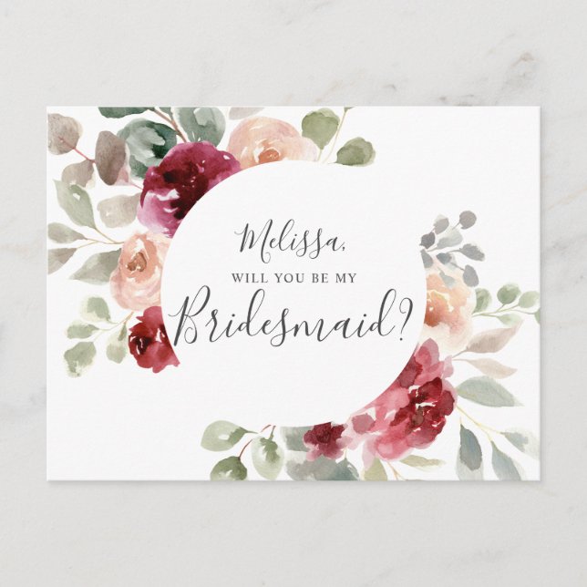 Greenery Burgundy wird meine Bridesmaid sein Einladungspostkarte (Vorderseite)