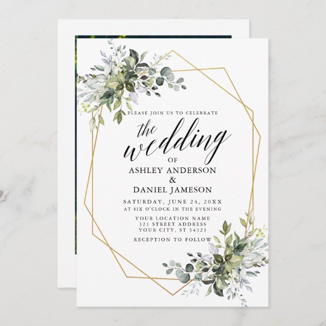 Greenery Calligraphy Geometric Foto Wedding Einladung (Vorne/Hinten)