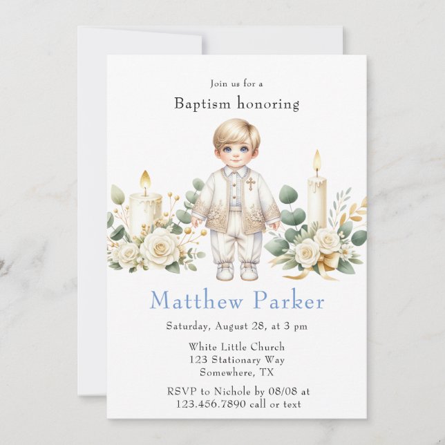 Greenery Candles Cartoon Boy Baptisse Einladung (Vorderseite)