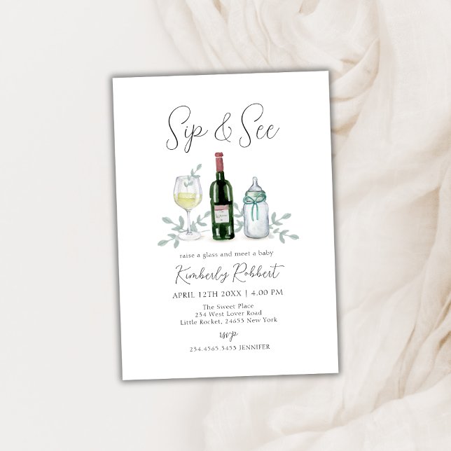 Greenery Champagne Sip & See Baby Dusche Einladung (Greenery Champagne Sip & See Baby Shower Invitation)