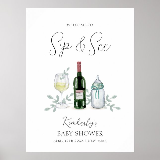 Greenery Champagne Sip & See Baby Dusche Willkomme Poster (Vorne)