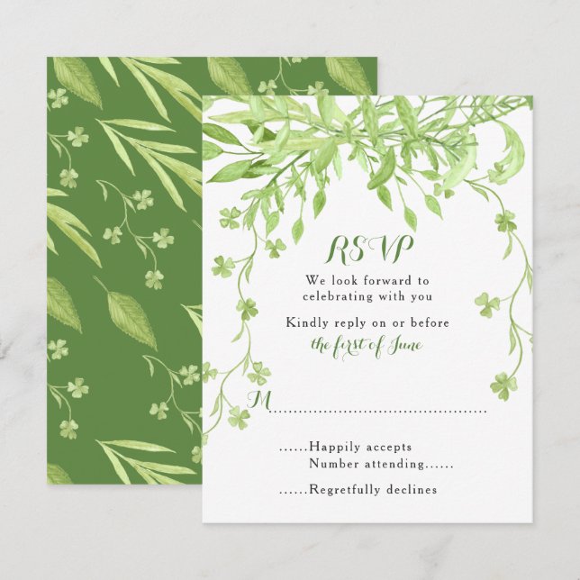 Greenery Clover Floral Wedding RSVP Card Einladung (Vorne/Hinten)